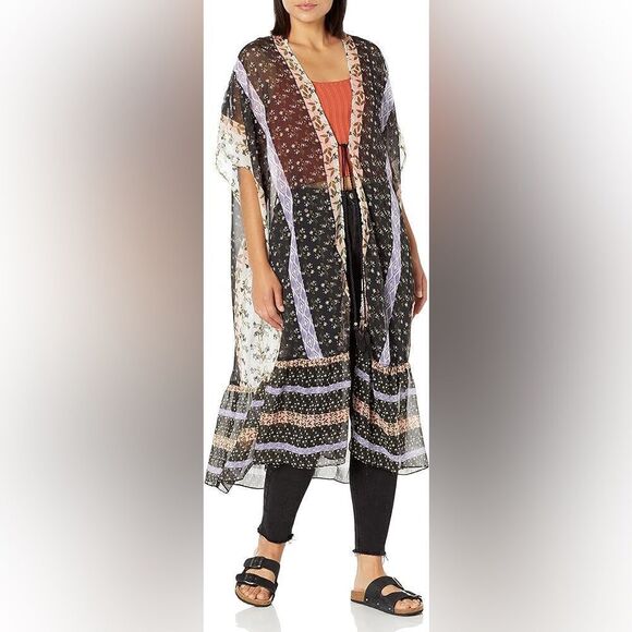 Steve Madden womens Ruffle Duster Printed Kimono With Tie Closure - Picture 1 of 10